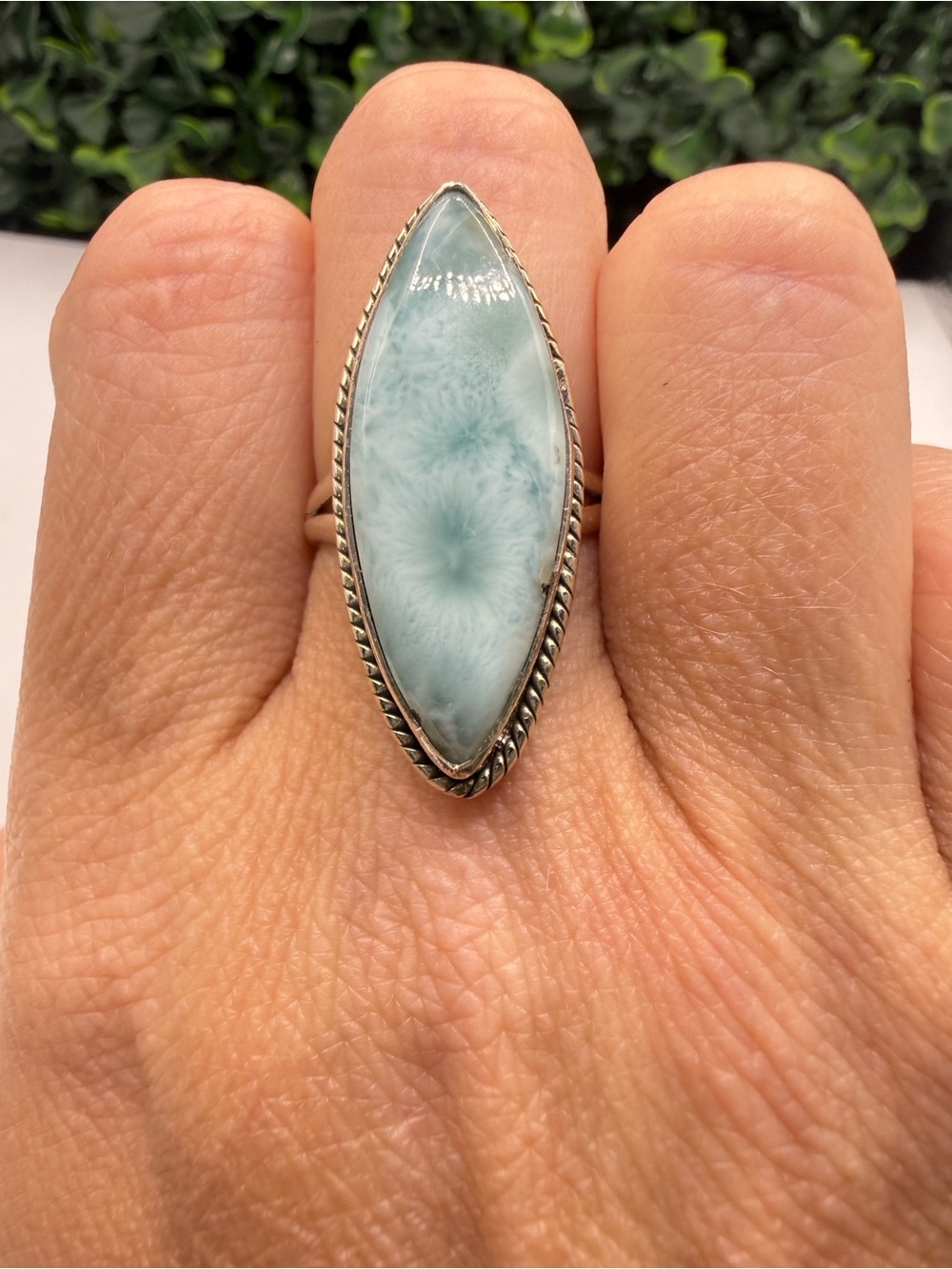 Stunning Vintage Sterling Silver Marquise Larimar Statement Ring – Size 7.5